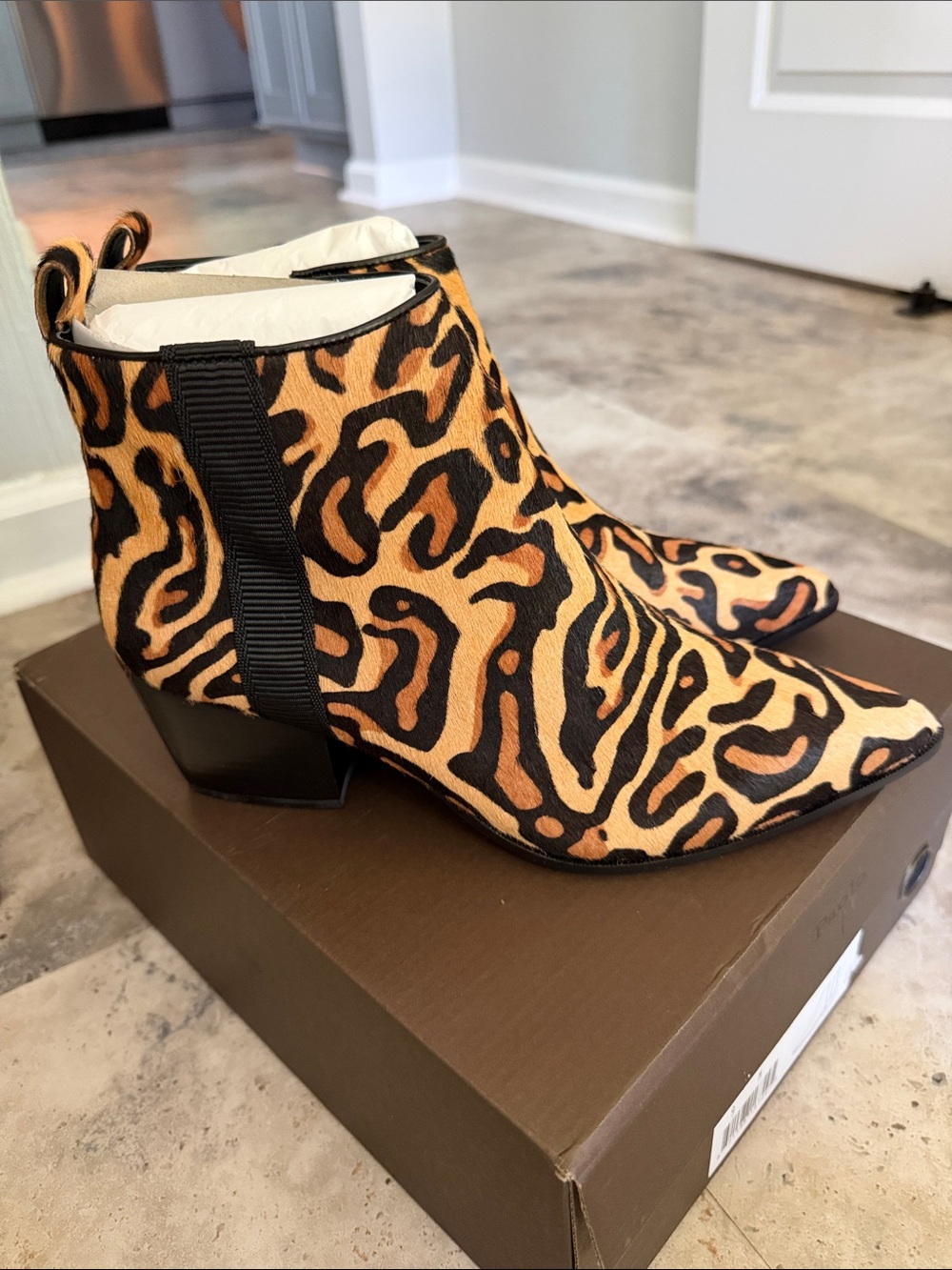 Leopard calfhair real fur Print Pointed Toe Ankle Boots - Brown/Black